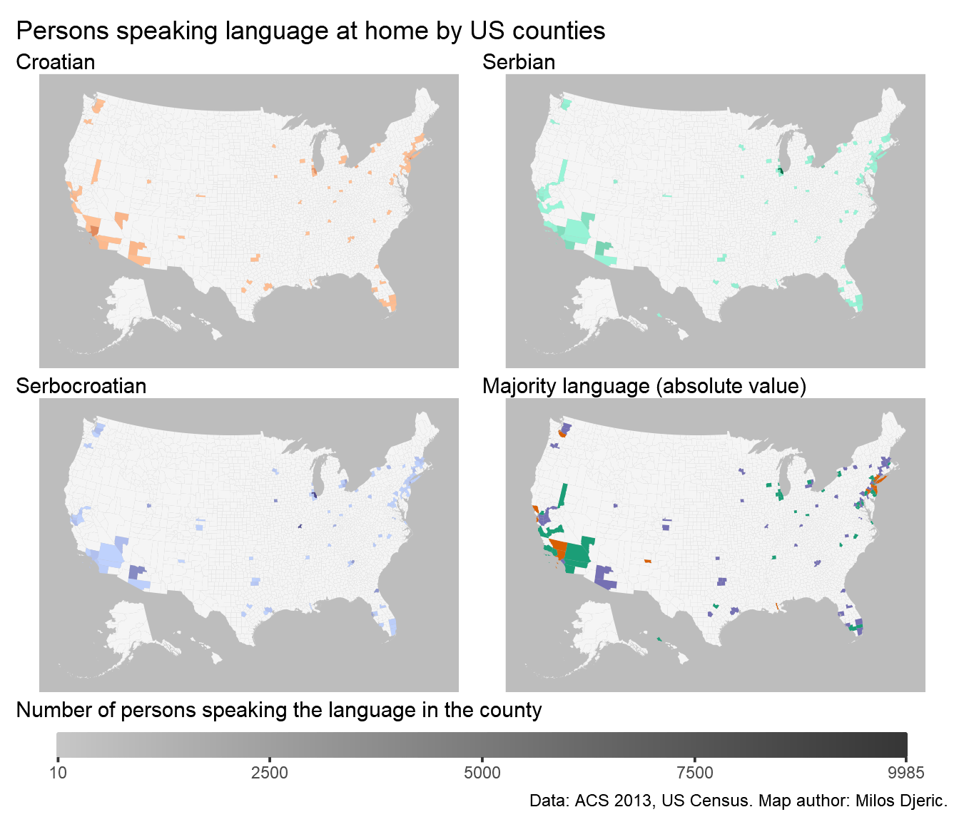 Three maps of the US indicating counties and how many people speak individual languages, with fourth map indicating majority language. Persons speaking langauges are concentrated in the North East and industrial Mid-West, as well as california and Arizona.