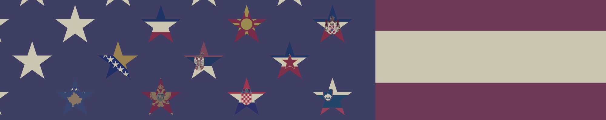 US flag zoomed, but in place of some stars are flags of countries from ex-Yu region: FR Yugoslavia, Macedonia, Kingdom of Yugoslavia, Bosnia, Serbia, SFR Yugoslavia, Kosovo, Montenegro, Croatia, and Slovenia.