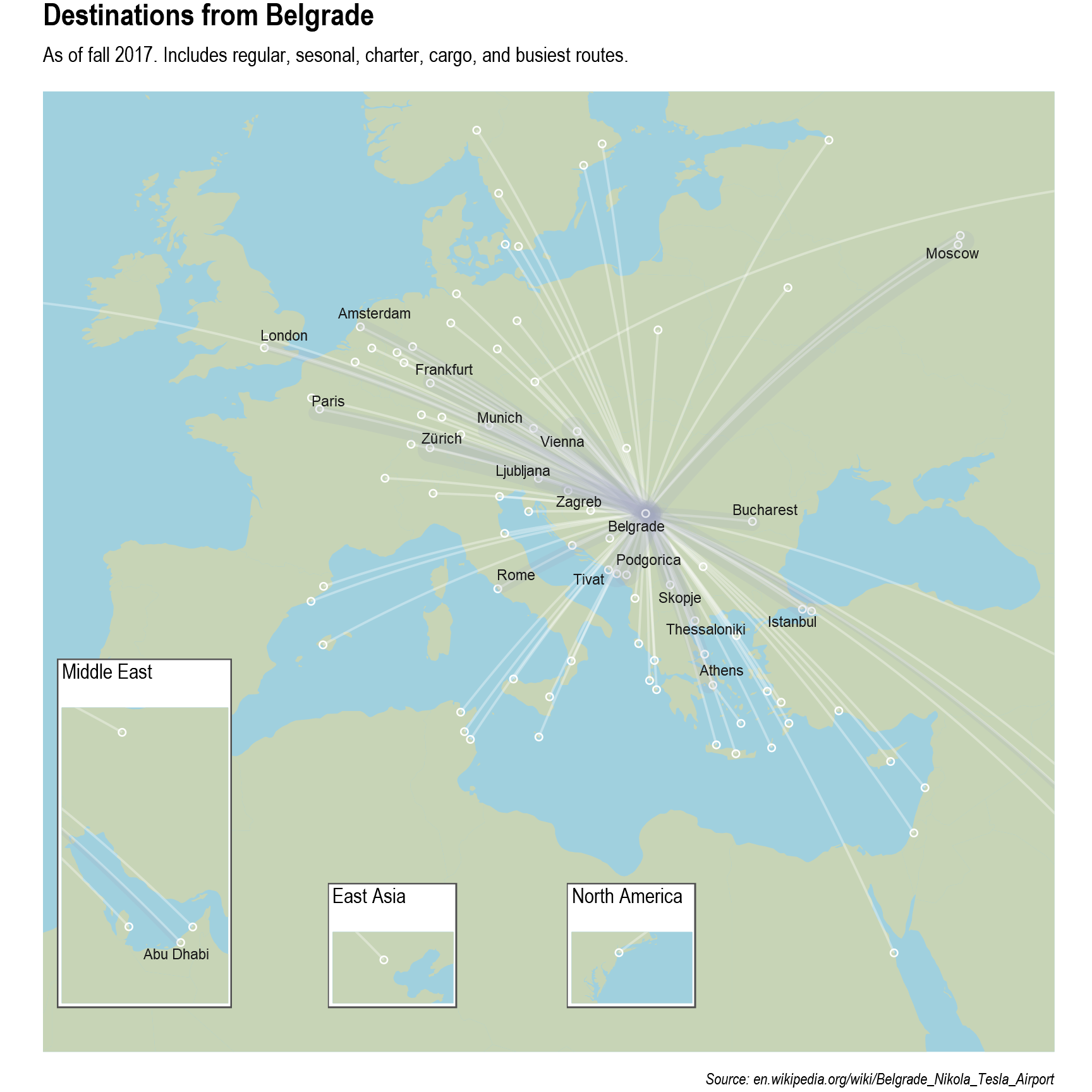 Map of destinations from Belgrade Airport