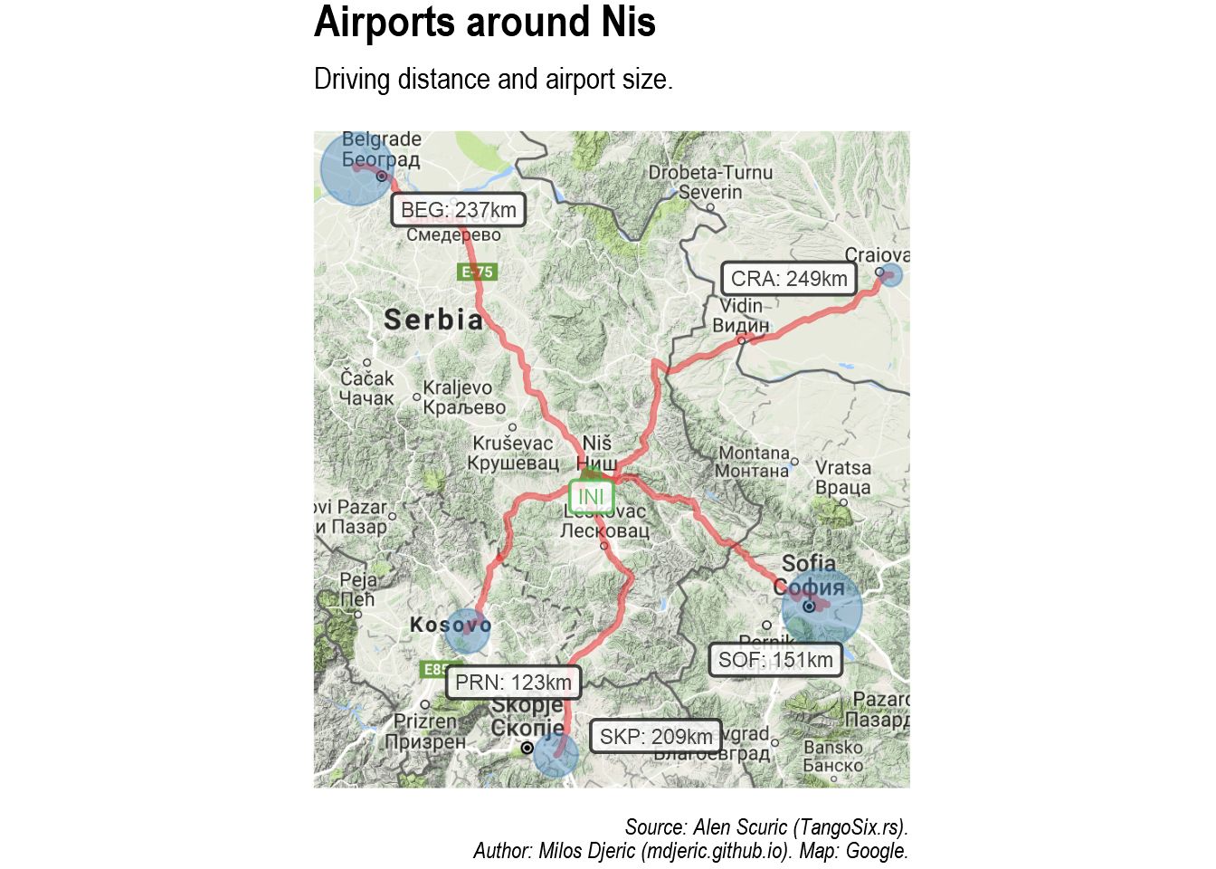 Map with distance and path to four airporst closest to Nis: PRN 123km, SKP 209km, SOF 151km, CRA 249km, BEG 237km